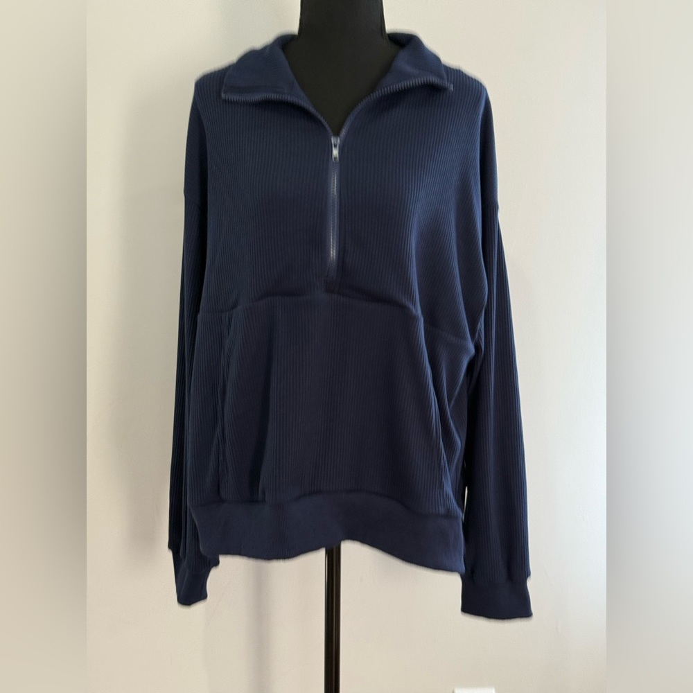New Fashion XL Navy Ribbed Blue Half-Zip Pullover w Front Pocket 167